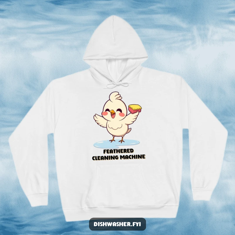 Funny hoodie showcasing a joyful bird energetically using a sponge to wipe a surface, spreading humorous cleanliness vibes.