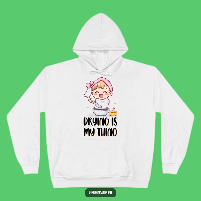Funny Cheerful Character Drying Dishes Hoodie: Cozy & Humorous Gift