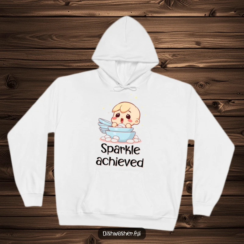 Funny hoodie depicting a surprised character staring at a gleaming, tidy pile of clean dishes. Represents the magical feeling of a clean kitchen.