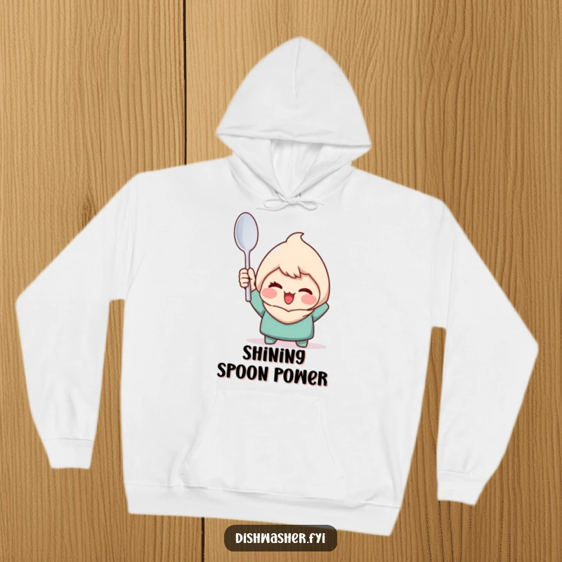 Funny hoodie displaying a character triumphantly holding a perfectly clean spoon with a wink, perfect for cozy celebrations.