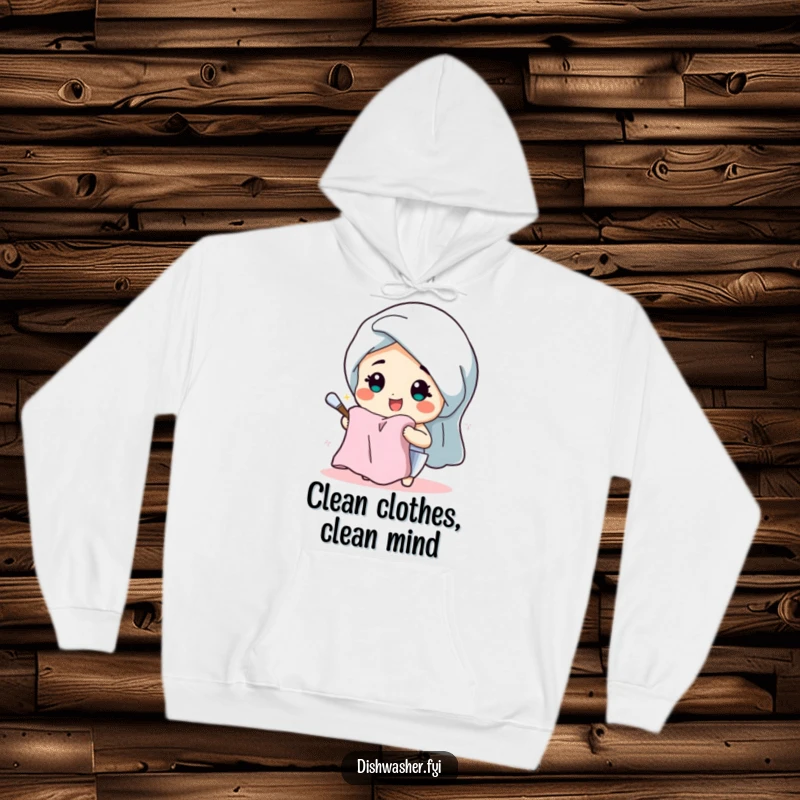 Funny hoodie with a cheerful character beaming while drying dishes with a fluffy towel, representing a happy and clean kitchen vibe.