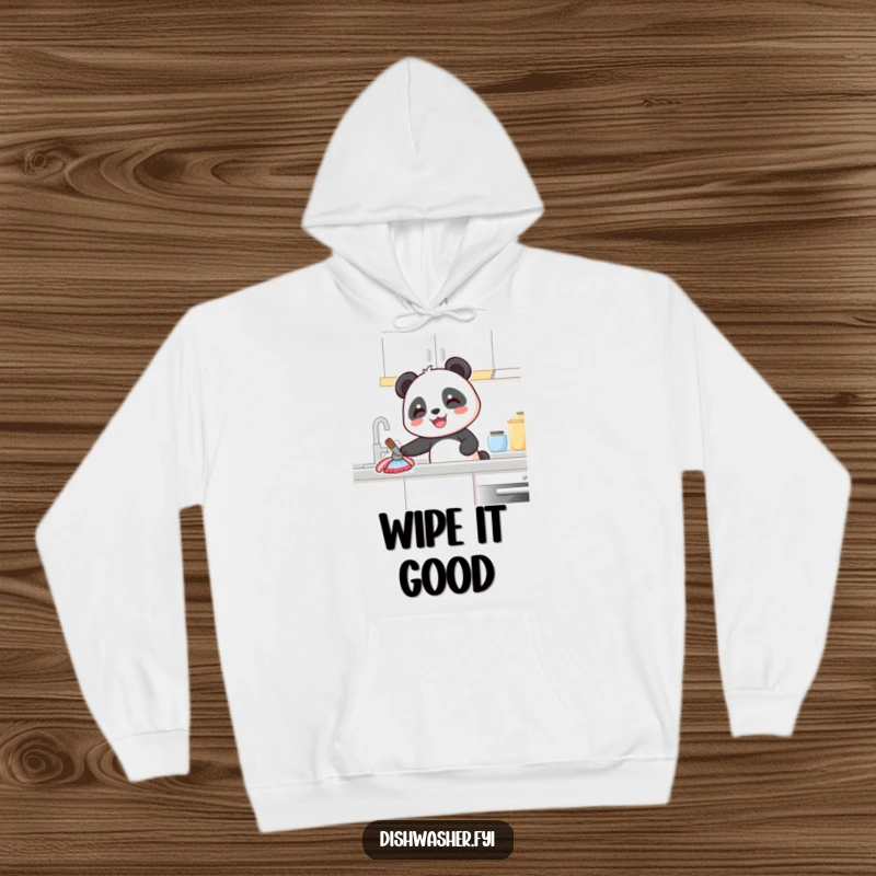 Funny Panda Hoodie: A smiling panda is shown diligently wiping a kitchen counter, embodying cleanliness and happiness in a comfortable hoodie design.