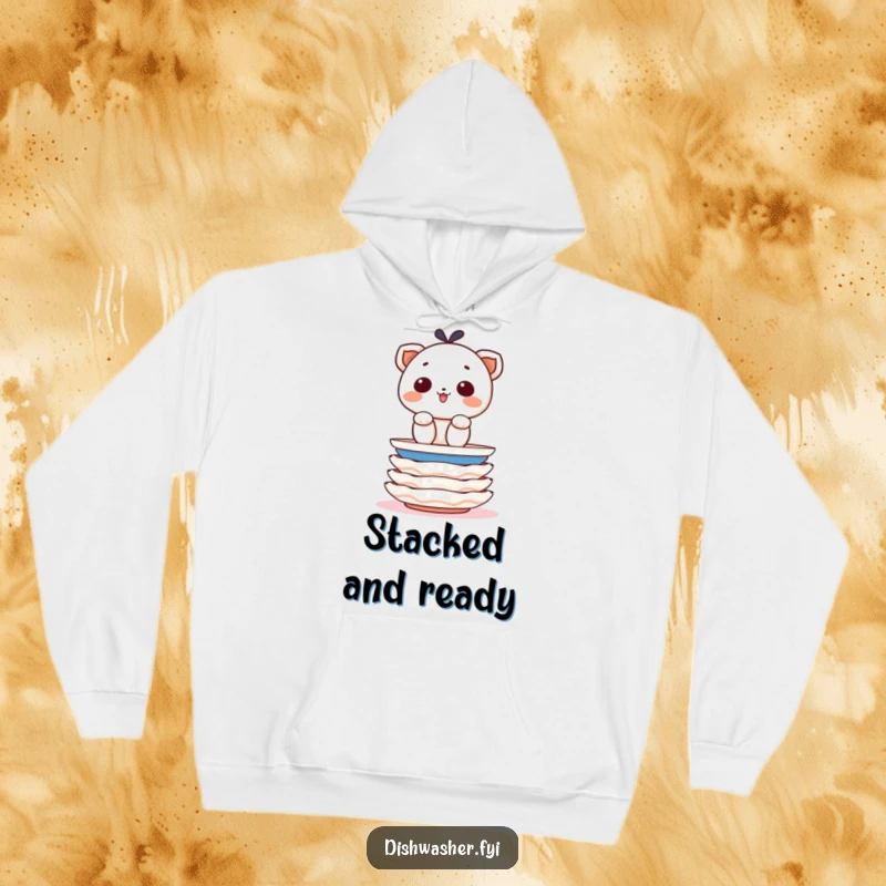 Funny hoodie illustrating a determined character stacking clean plates with cheerful precision, embodying organized comfort and humor.