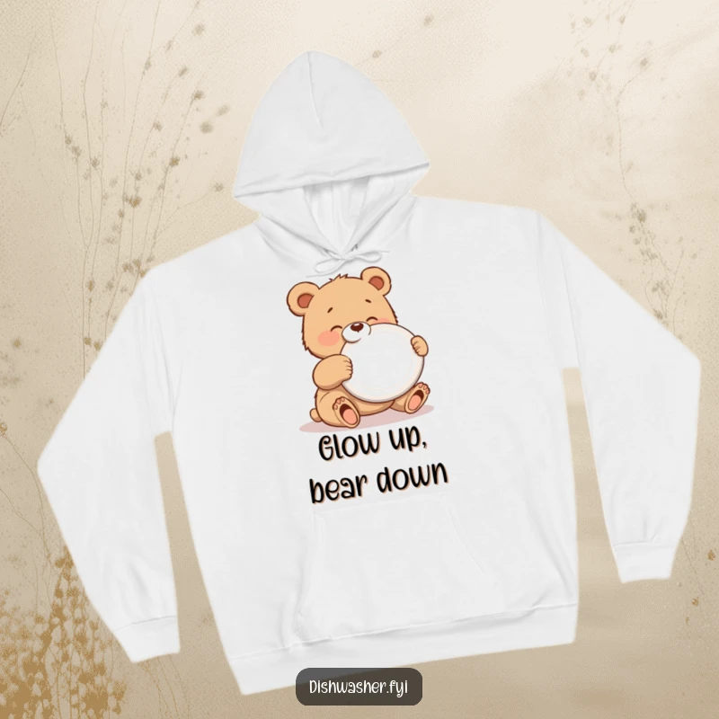 Funny hoodie with a gleeful bear cub polishing a shiny plate, offering a warm and humorous wearable tribute to neatness.