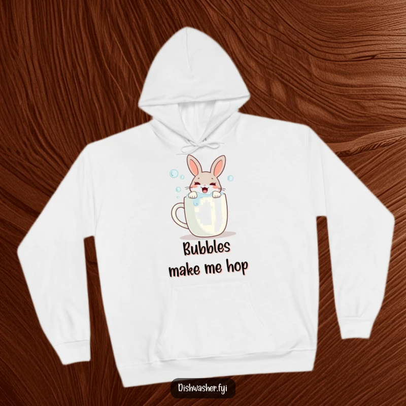 Funny hoodie with a joyful rabbit scrubbing bubbles off a mug, offering a warm and humorous tribute to clean cups.