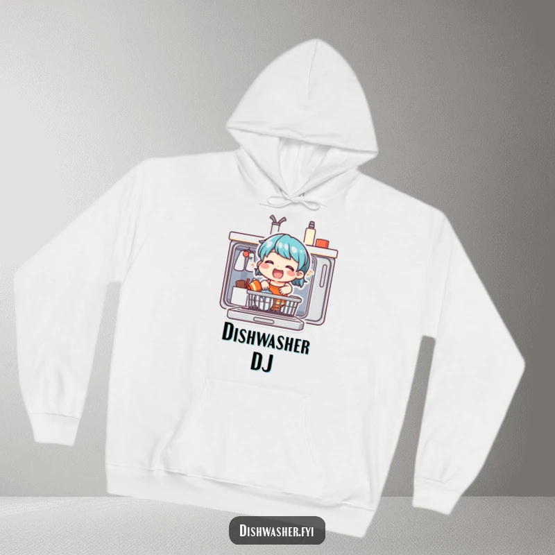 Funny hoodie with a smiling character singing energetically while loading a dishwasher, perfect for a cozy and humorous look.