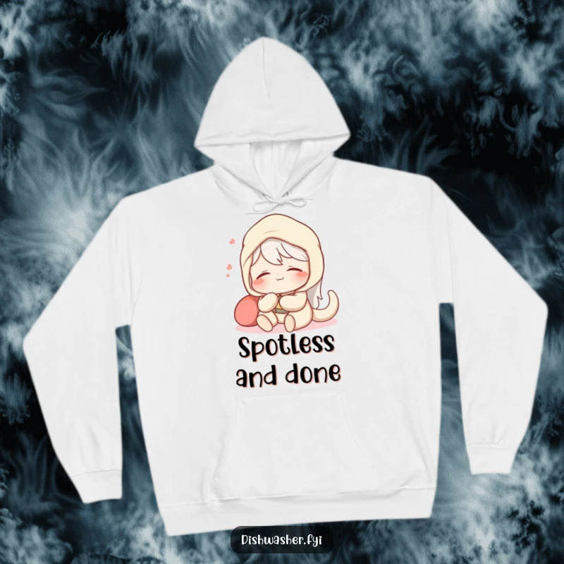 Funny hoodie with a content character relaxing happily with a satisfied sigh after a perfectly spotless job, perfect for cozy wear.