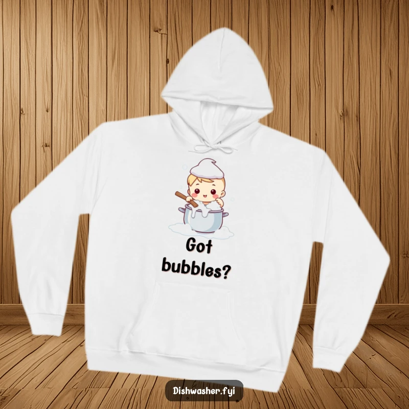 Funny hoodie shows a cute character gleefully scrubbing a large pot with foamy soap, a warm and humorous clothing item.