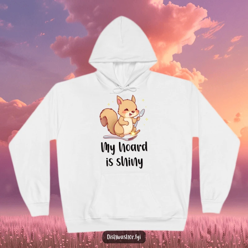 Funny squirrel hoodie, showing a happy squirrel putting away sparkling cutlery, comfortable and humorous apparel for autumn lovers.
