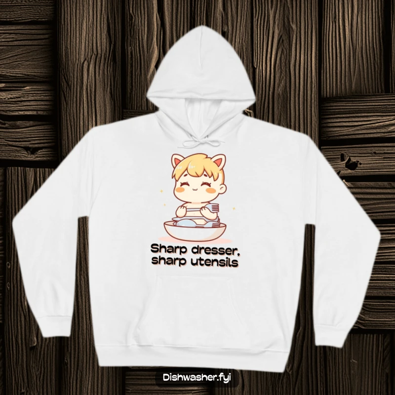 Funny hoodie featuring a content character calmly stacking clean cutlery. Warm and humorous apparel for kitchen enthusiasts.