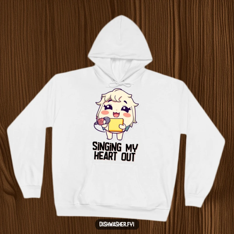 Funny Sponge Hoodie featuring a giggling character with a sponge microphone, offering warmth and hilarious music-themed humor.