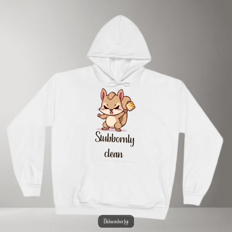 Funny squirrel hoodie featuring a determined squirrel scrubbing a stubborn spot with gusto, offering cozy comfort and a motivational vibe.