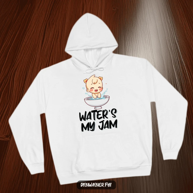 Funny hoodie depicting a giggling character gleefully splashing water from a sink. Cozy and humorous, perfect for those who love water play.