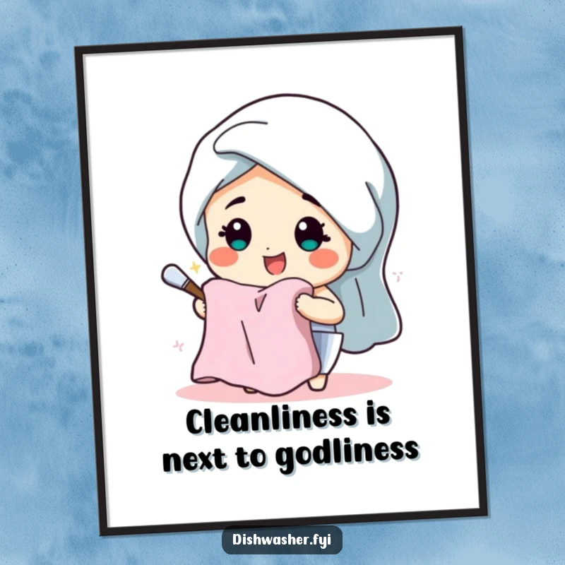 Funny Free Printable Wall Art: A character beaming while drying dishes with a fluffy towel, bringing joy.