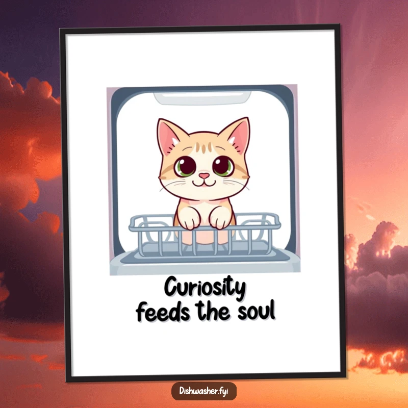 Funny Free Printable Wall Art: A curious cat character peeks into the dishwasher with wide eyes, adding quirky decor.