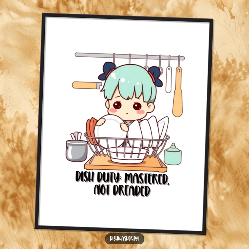 Funny Free Printable Wall Art: Determined character meticulously arranging dishes, a humorous take on household chores, perfect decor.