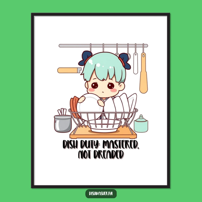 Funny Free Printable Wall Art: Determined Dish Duty Character, Quirky Downloadable Decor