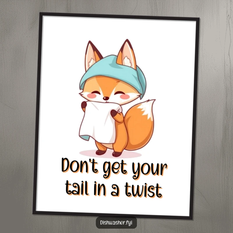 Funny Free Printable Wall Art: A clever fox unfurling a brand new, perfectly clean kitchen towel, exuding a sense of refined humor.