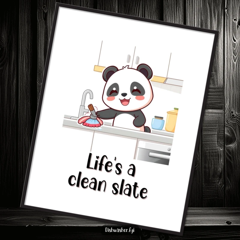 Funny Free Printable Wall Art: A joyful panda enthusiastically cleans a kitchen counter, bringing smiles to your walls.