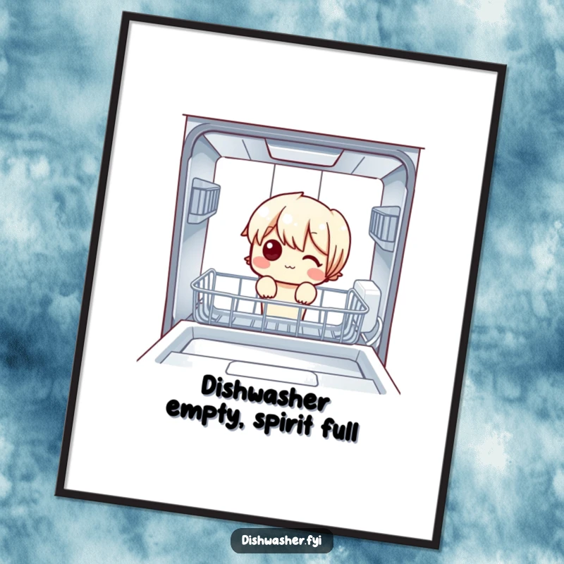 Funny free printable wall art of a character peering into an empty dishwasher, a humorous take on chores and expectations.