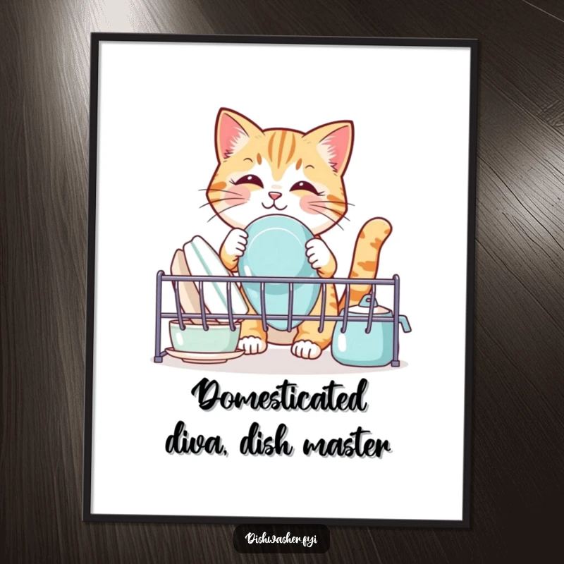Funny Free Printable Wall Art: A cat humorously arranges clean dishes in a drying rack, showcasing its domestic prowess.