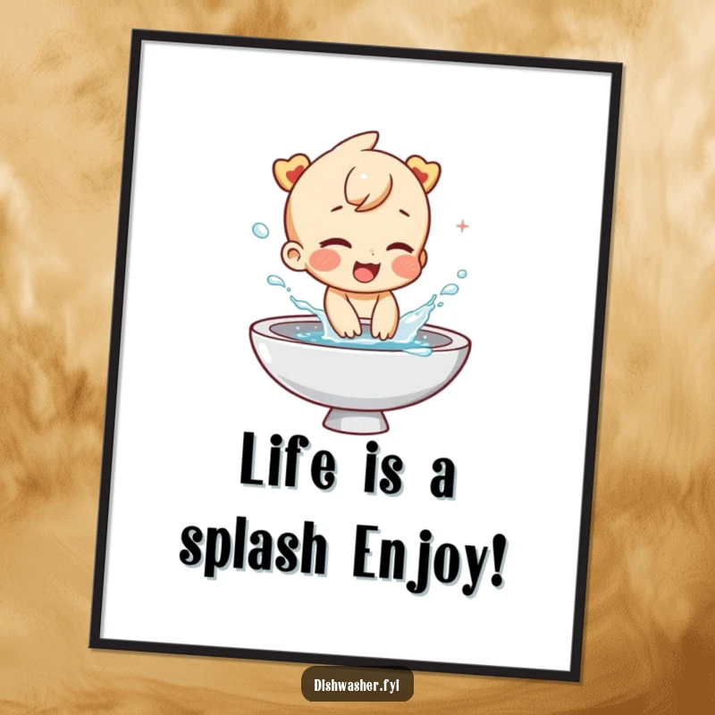 Funny Free Printable Wall Art featuring a giggling character playfully splashing water with great enthusiasm from a sink.