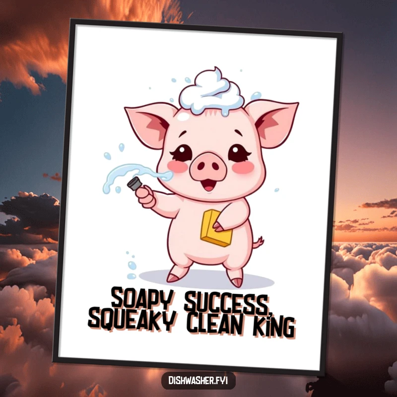 Funny Free Printable Wall Art: A proud piglet exuberantly sprays soapy water from a sponge, adding a touch of clean fun.