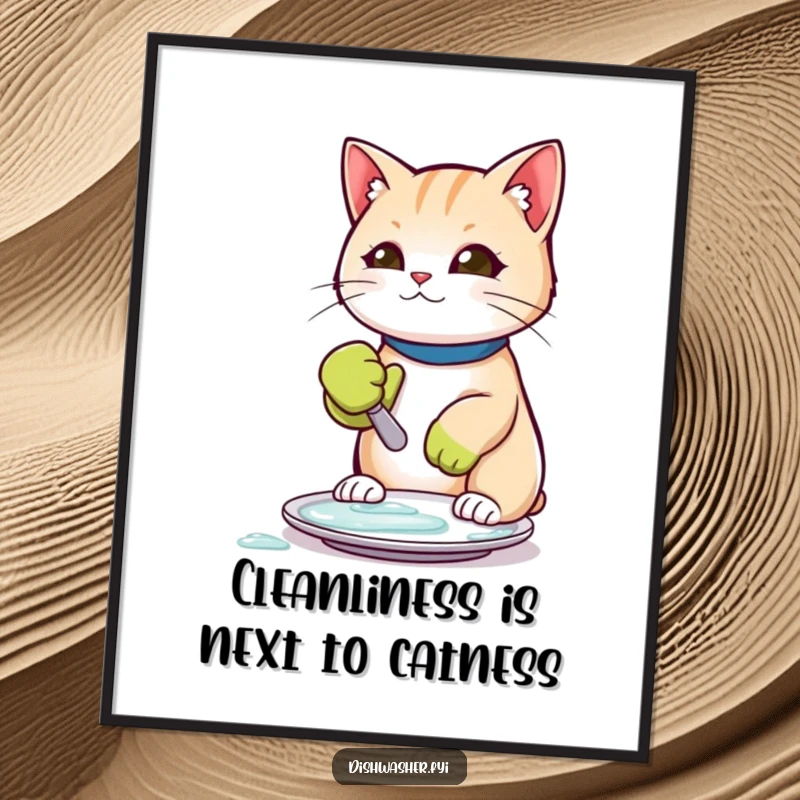 Funny Free Printable Wall Art: A cat wearing a rubber glove, scrubbing a plate clean, a witty and downloadable art piece.