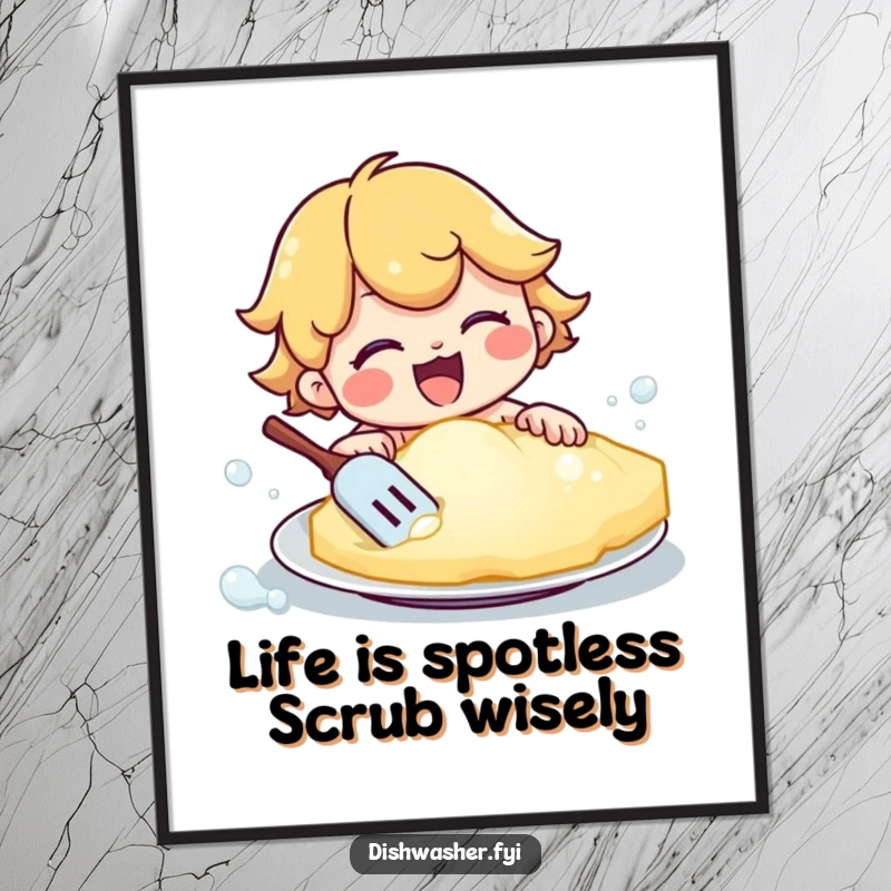 Funny Free Printable Wall Art depicting a happy character vigorously scrubbing a plate with a giant, overflowing bubbly sponge.