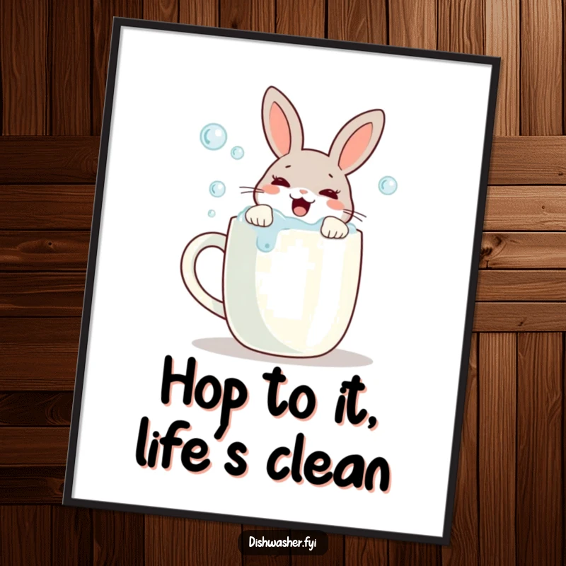 Funny Free Printable Wall Art of a rabbit joyfully scrubbing bubbles off a mug, adding a clean and bubbly humorous touch to decor.