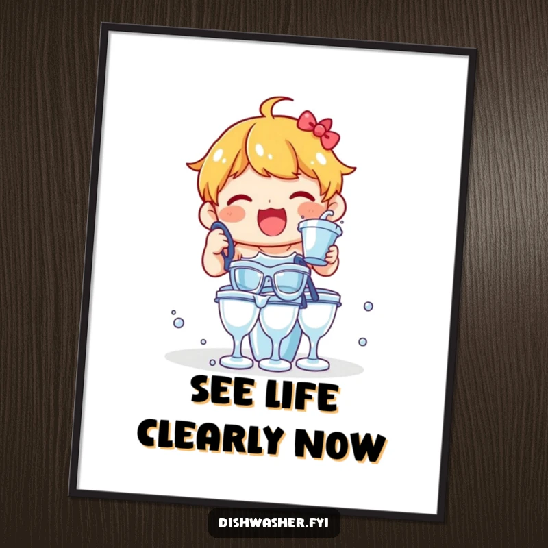Funny Free Printable Wall Art featuring a delighted character enthusiastically rinsing a large stack of crystal clear glasses.