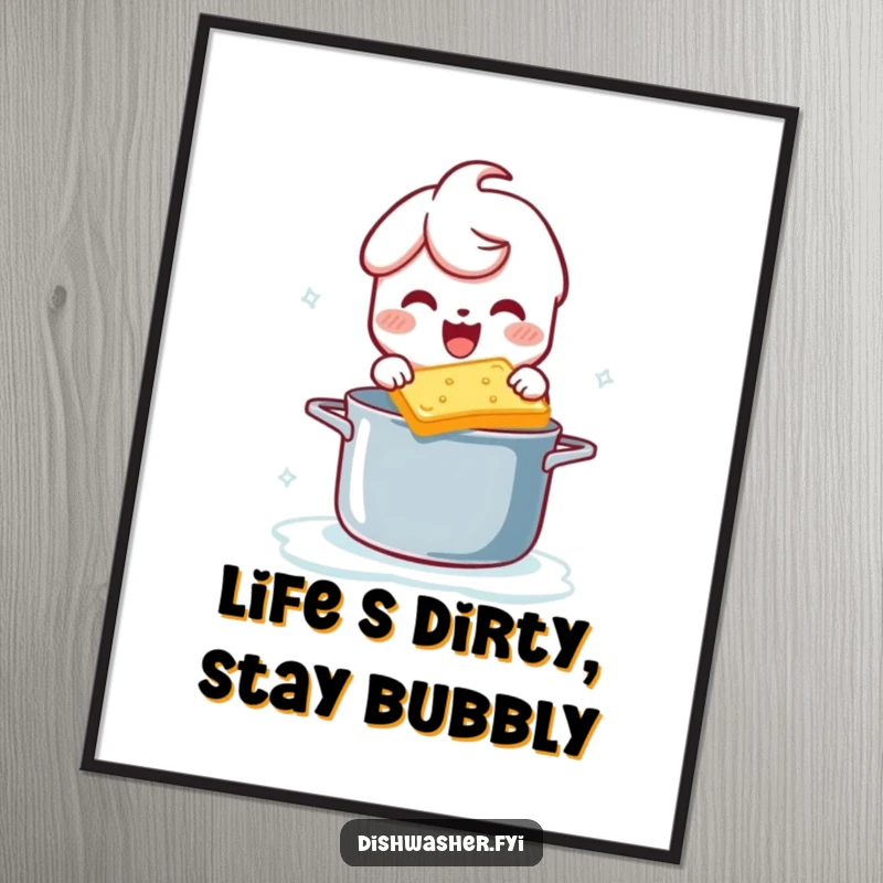 Funny Free Printable Wall Art: A character gleefully scrubs a pot with a bubbly sponge, bringing clean humor to any room.