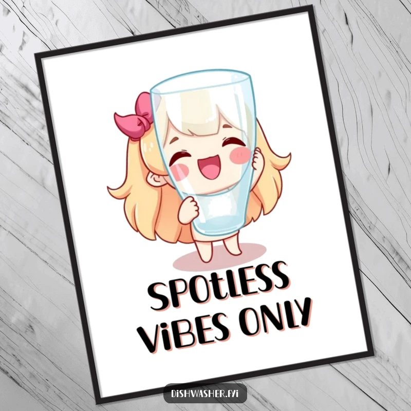 Funny free printable wall art depicting a character beaming while holding up a flawlessly clean glass.