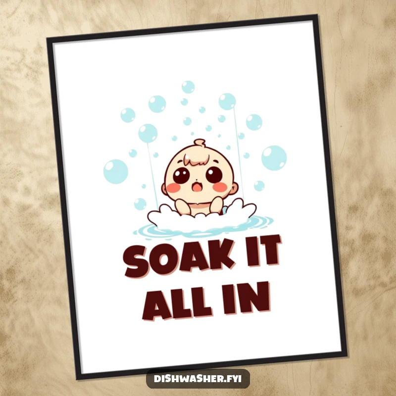 Funny Free Printable Wall Art: A surprised character joyfully immersed in a vibrant waterfall of shimmering bubbles, whimsical decor.