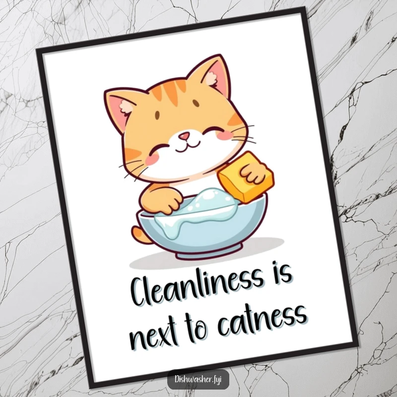 Funny free printable wall art of a happy cat character diligently scrubbing a dish with a bubbly sponge, bringing clean humor.