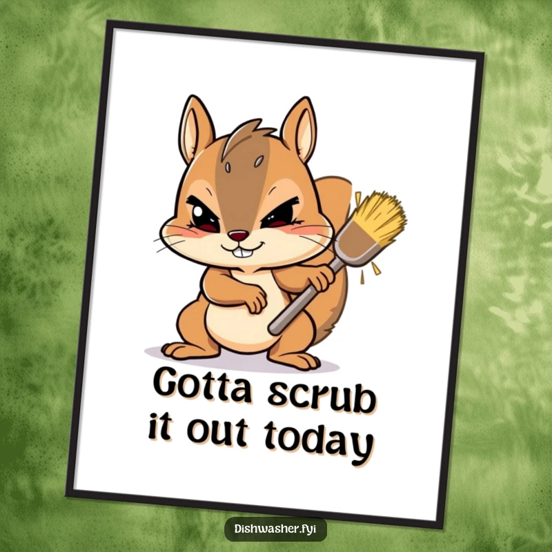 Funny Free Printable Wall Art: A determined squirrel character is scrubbing a tough spot with all its might and focus, a motivational downloadable piece.