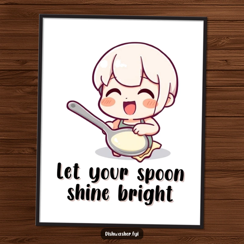 Funny Free Printable Wall Art featuring a delighted character polishing a spoon to a brilliant shine, adding sparkle.