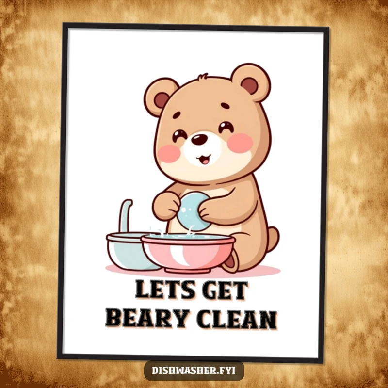 Funny free printable wall art of a cheerful bear character happily washing dishes with bubbly expression, kitchen decor.