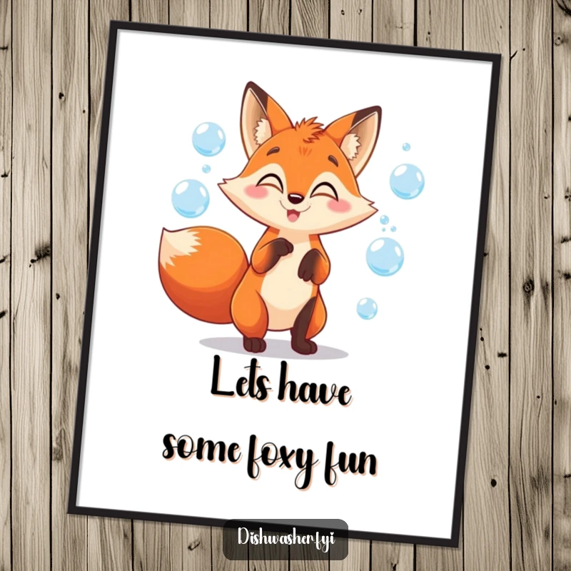 Funny free printable wall art of a mischievous fox character playing and juggling soap bubbles with delightful glee.
