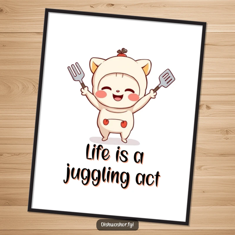 Funny Free Printable Wall Art: A mischievous character grinning while juggling small kitchen utensils with skill.