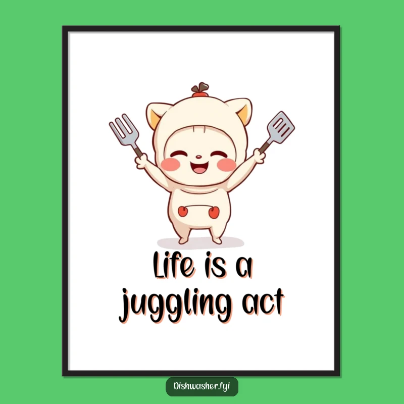 Free Printable Wall Art: Juggling Kitchen Utensils Character, Funny Downloadable Art