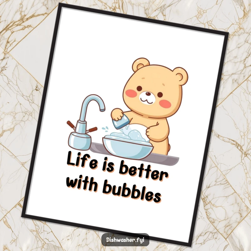 Funny Free Printable Wall Art: A cheerful bear character happily washes dishes surrounded by bubbly suds, a lovely downloadable piece of decor.