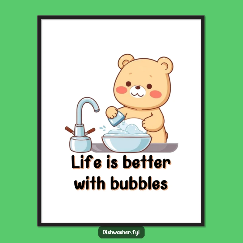 Funny Free Printable Wall Art: Bear Washing Dishes Downloadable Decor Gift