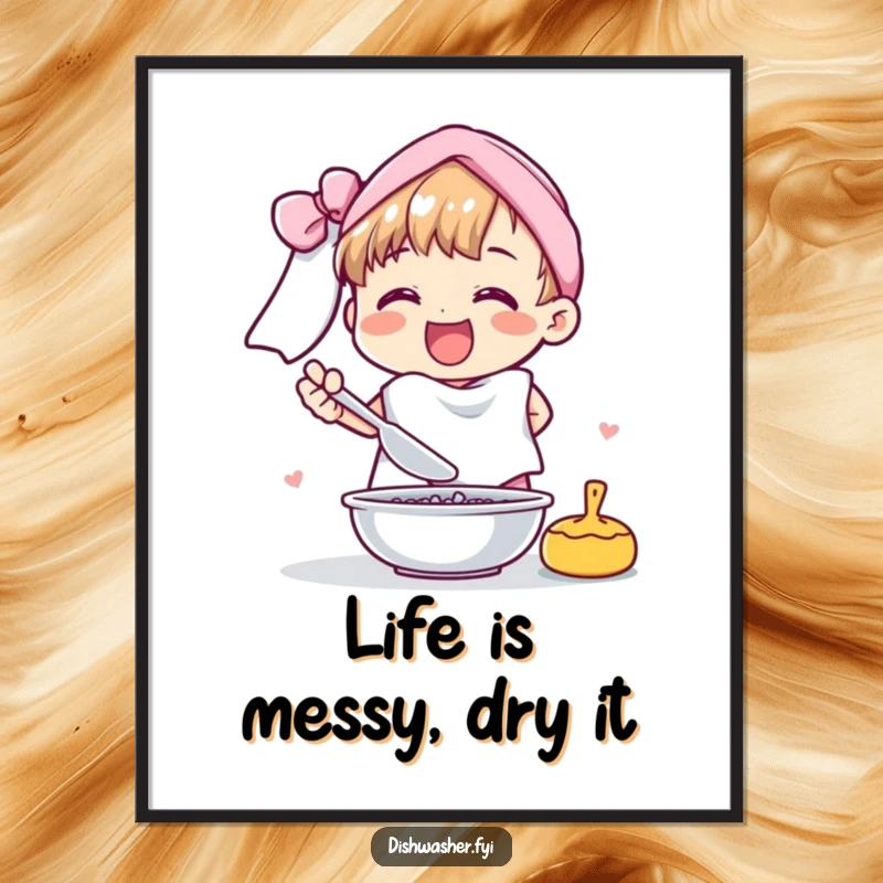 Funny Free Printable Wall Art of a cheerful character joyfully drying a pile of dishes with a large, soft towel.