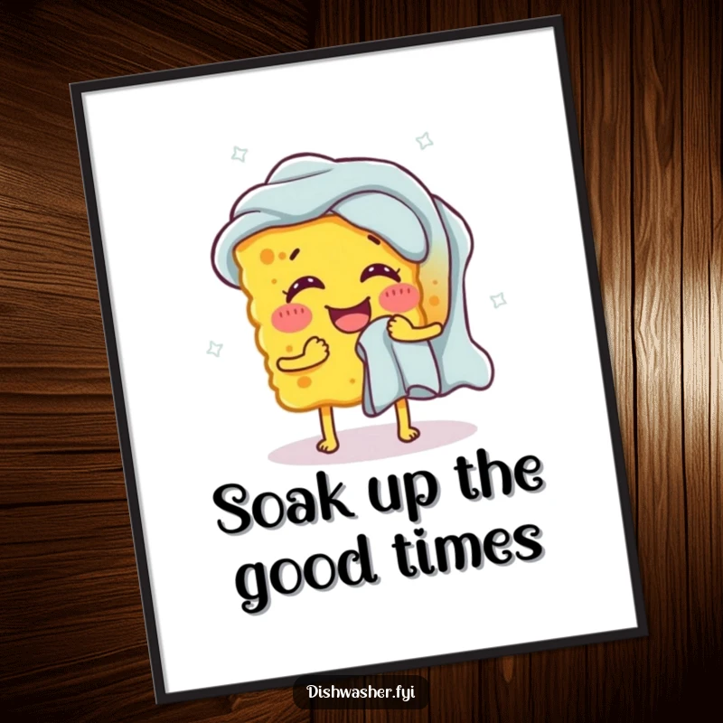 Funny Free Printable Wall Art: A happy sponge attempting to wring out a comically large dishcloth, a funny cleaning scene.