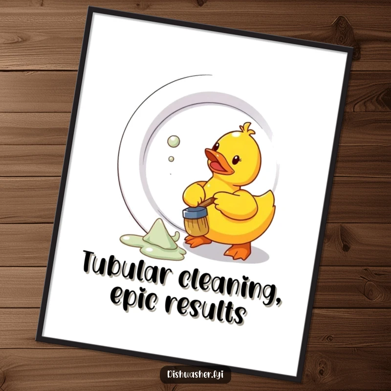 Funny Free Printable Wall Art: A rubber duck frantically scrubbing a giant plate with a tiny brush, quirky cleaning humor.