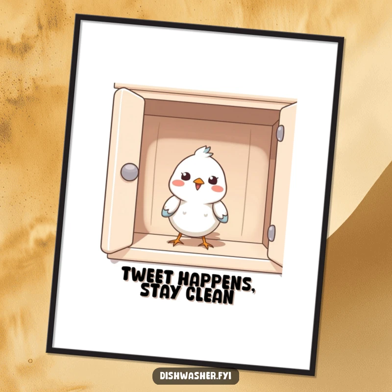 Funny Free Printable Wall Art: A little bird happily peeking out from inside a very clean and organized kitchen cupboard.