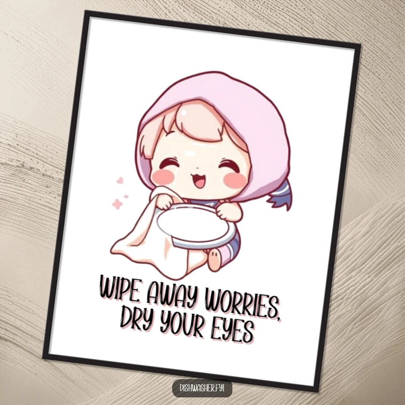 Funny Free Printable Wall Art: Playful Character Merrily Drying a Plate with a Fluffy Towel