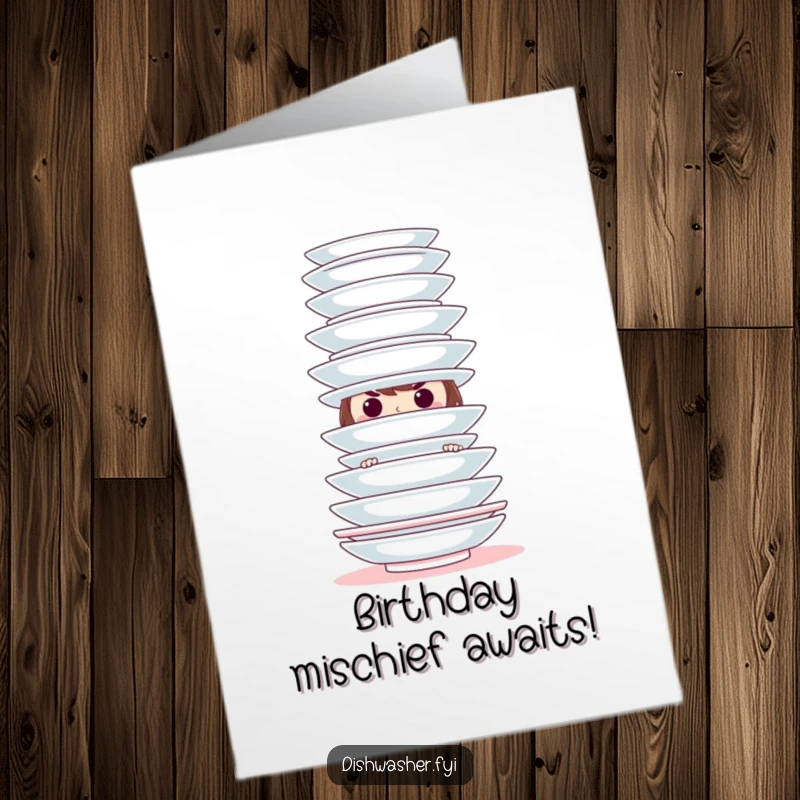 Funny Free Printable Birthday Card showing a mischievous character hiding behind a tower of clean plates, for a sneaky celebration.