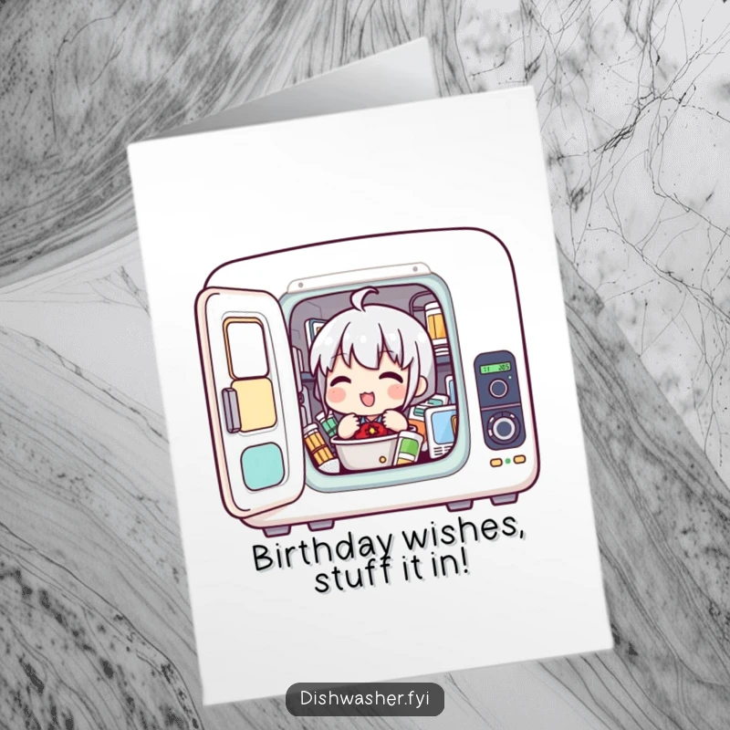 Funny Free Printable Birthday Card: Character enthusiastically loading items into a compact appliance chamber for a surprise.